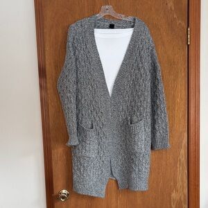 Gray Knit Cardigan Sweater, 100% acrylic. 35” long. Toasty Warm